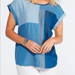 Women’s Cato Retro Patchwork Chambray Denim Top • Size 22/24w • Shades of Blue